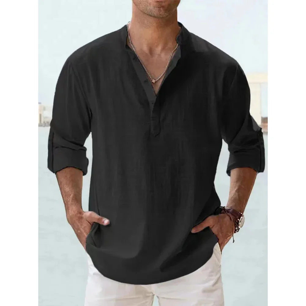 TrenddVibe™ Casual Striped Cotton-Linen Stand-Collar Shirt – Lightweight Long Sleeve