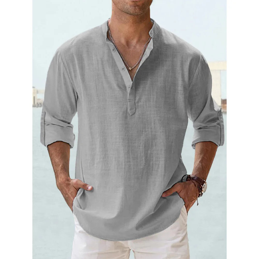 TrenddVibe™ Casual Striped Cotton-Linen Stand-Collar Shirt – Lightweight Long Sleeve