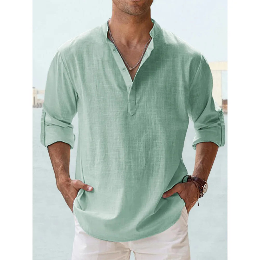 TrenddVibe™ Casual Striped Cotton-Linen Stand-Collar Shirt – Lightweight Long Sleeve