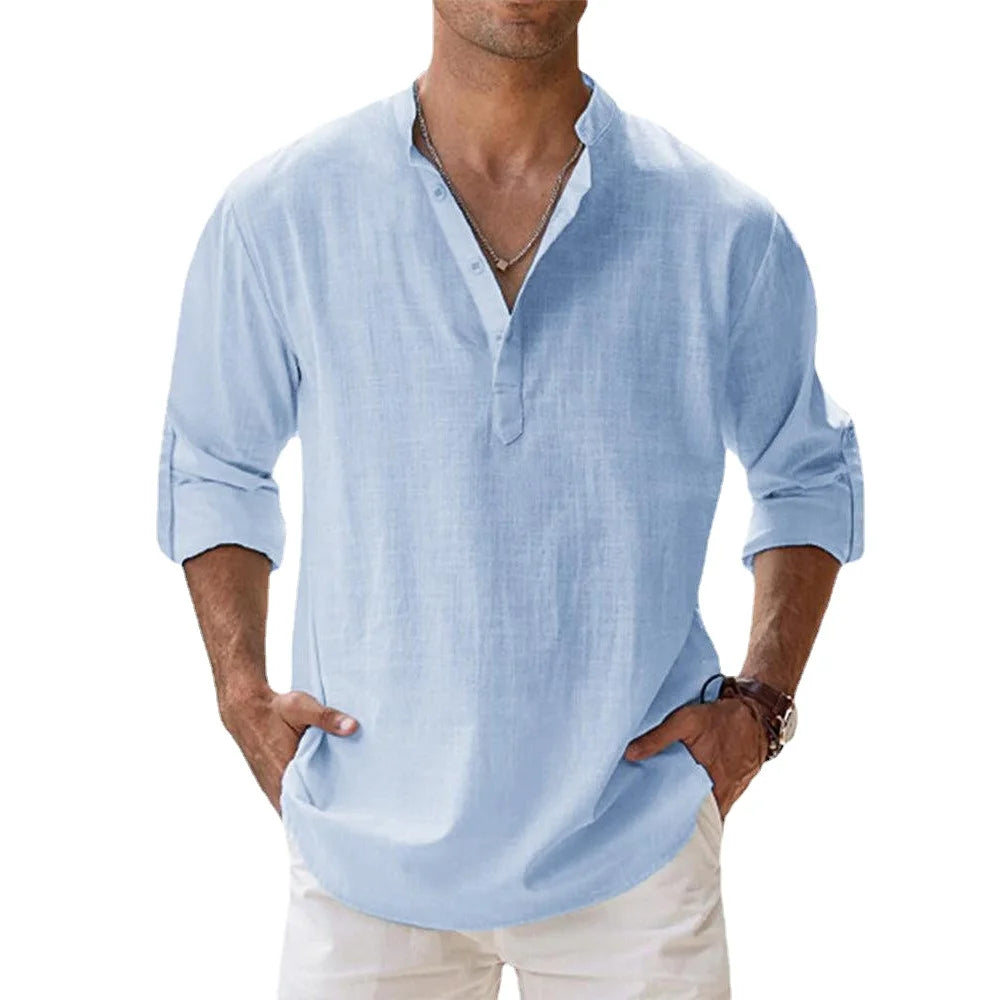 TrenddVibe™ Casual Striped Cotton-Linen Stand-Collar Shirt – Lightweight Long Sleeve