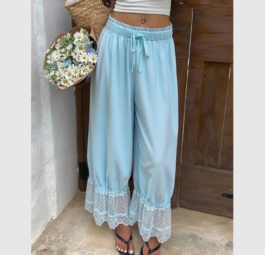 TrenddVibe™ Ethereal Lace-Trim Wide-Leg Pants
