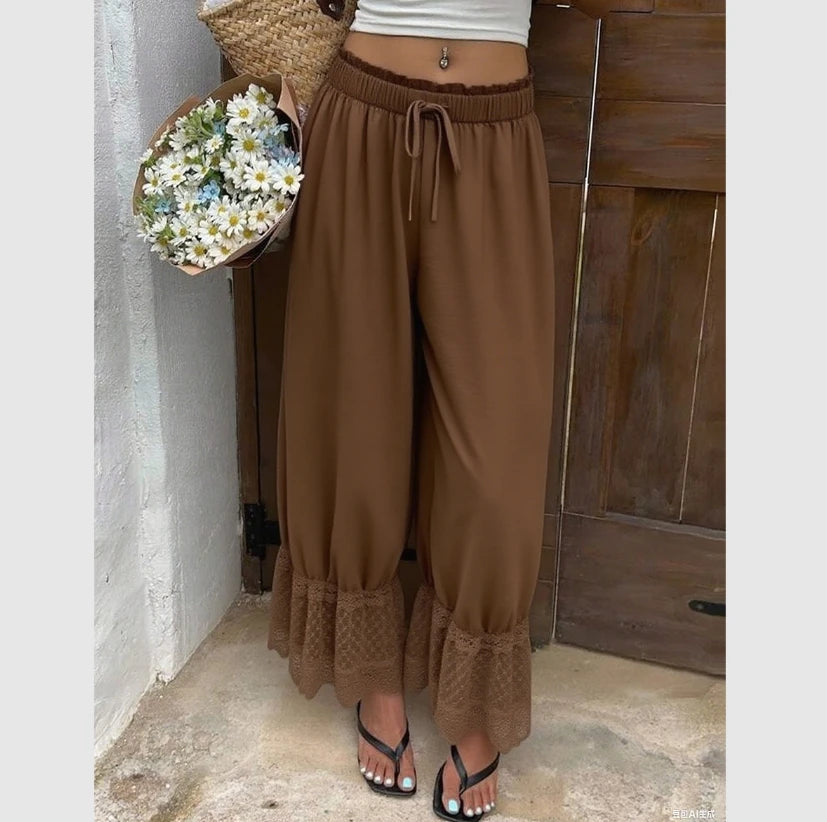 TrenddVibe™ Ethereal Lace-Trim Wide-Leg Pants