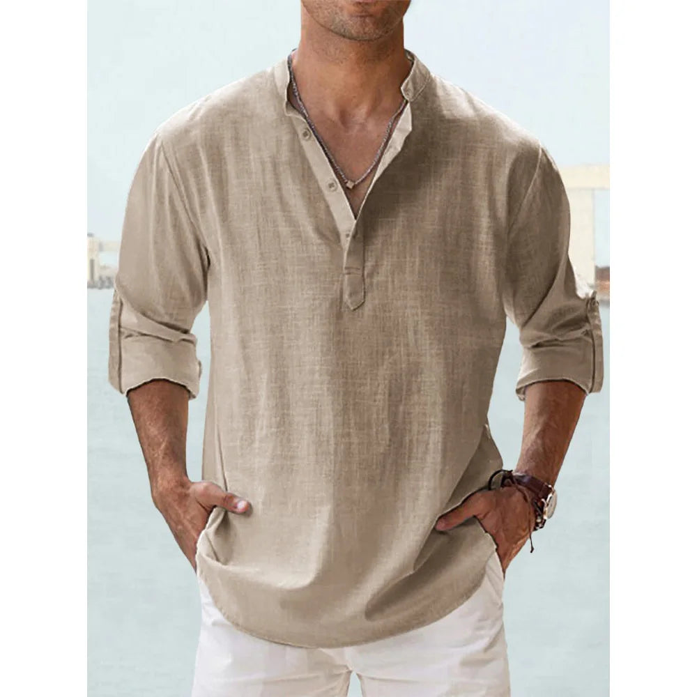 TrenddVibe™ Casual Striped Cotton-Linen Stand-Collar Shirt – Lightweight Long Sleeve