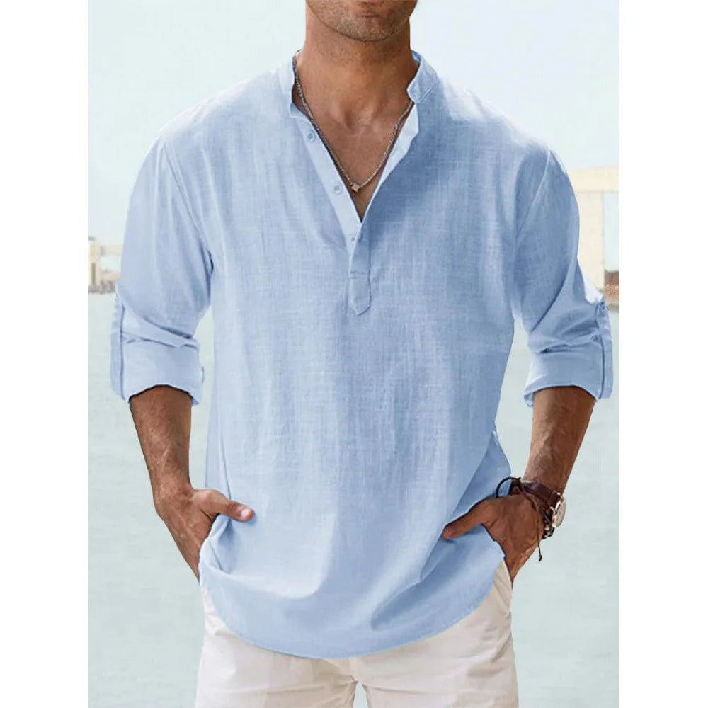 TrenddVibe™ Casual Striped Cotton-Linen Stand-Collar Shirt – Lightweight Long Sleeve