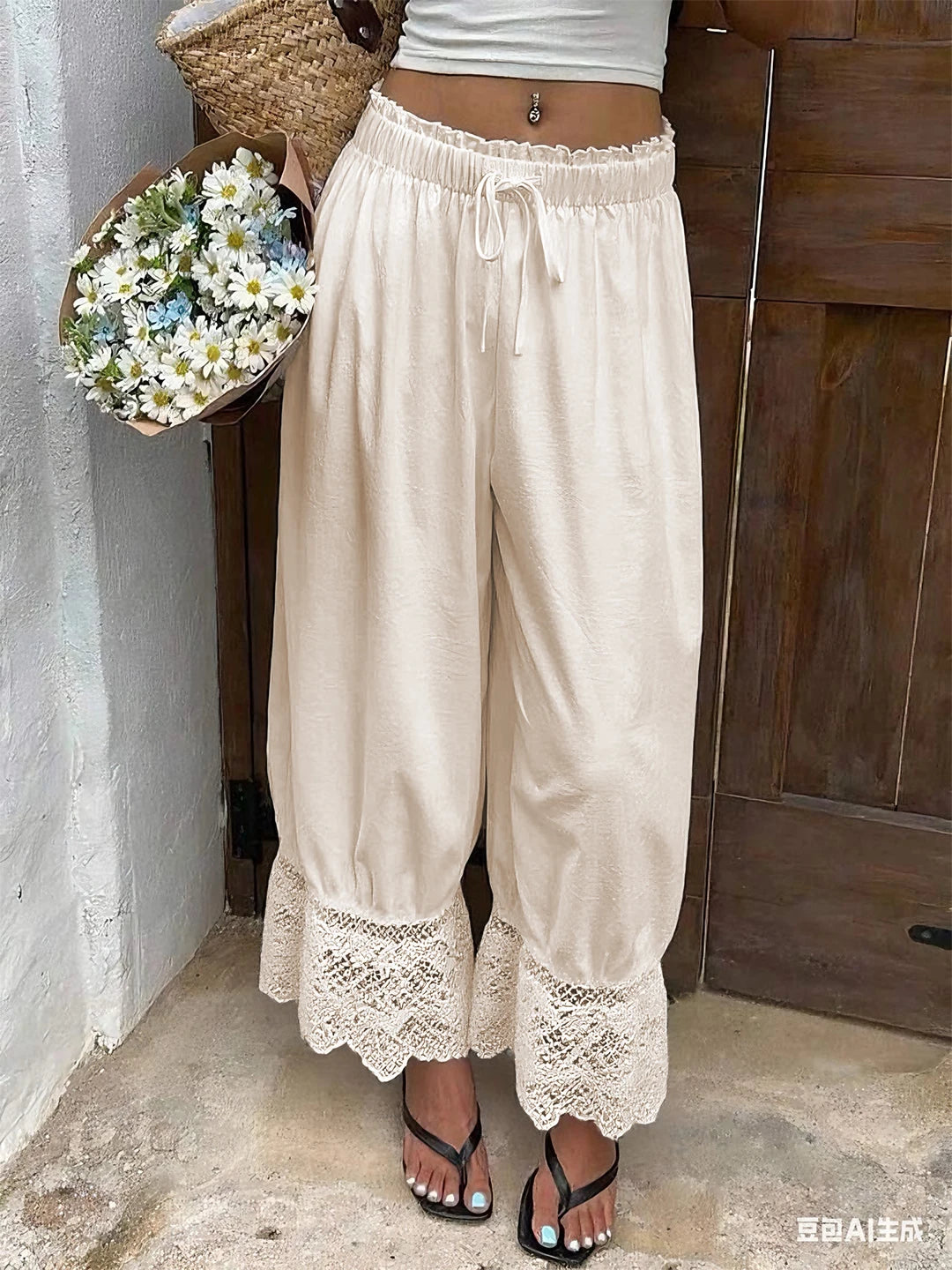 TrenddVibe™ Ethereal Lace-Trim Wide-Leg Pants