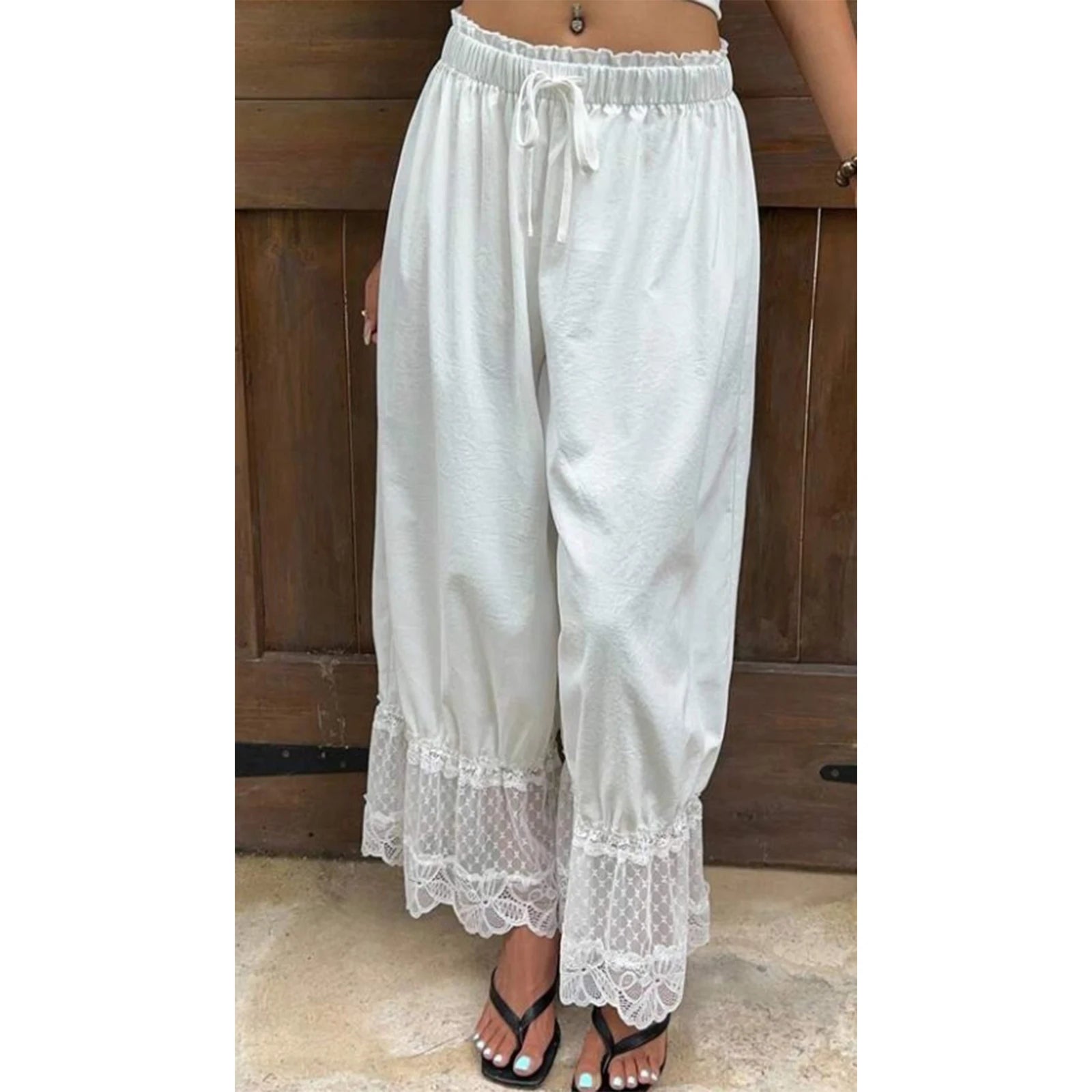 TrenddVibe™ Ethereal Lace-Trim Wide-Leg Pants