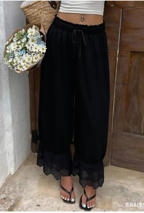 TrenddVibe™ Ethereal Lace-Trim Wide-Leg Pants