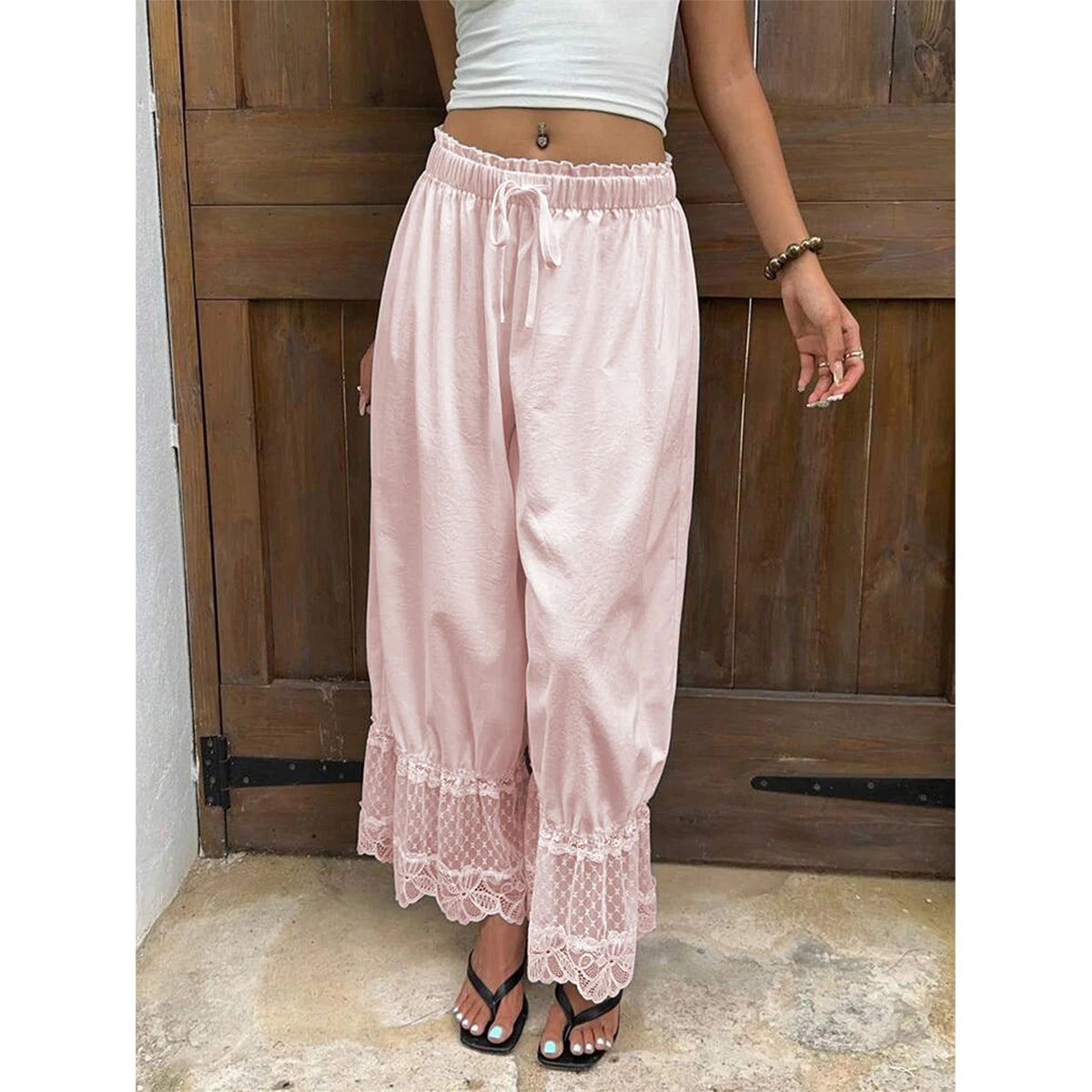 TrenddVibe™ Ethereal Lace-Trim Wide-Leg Pants