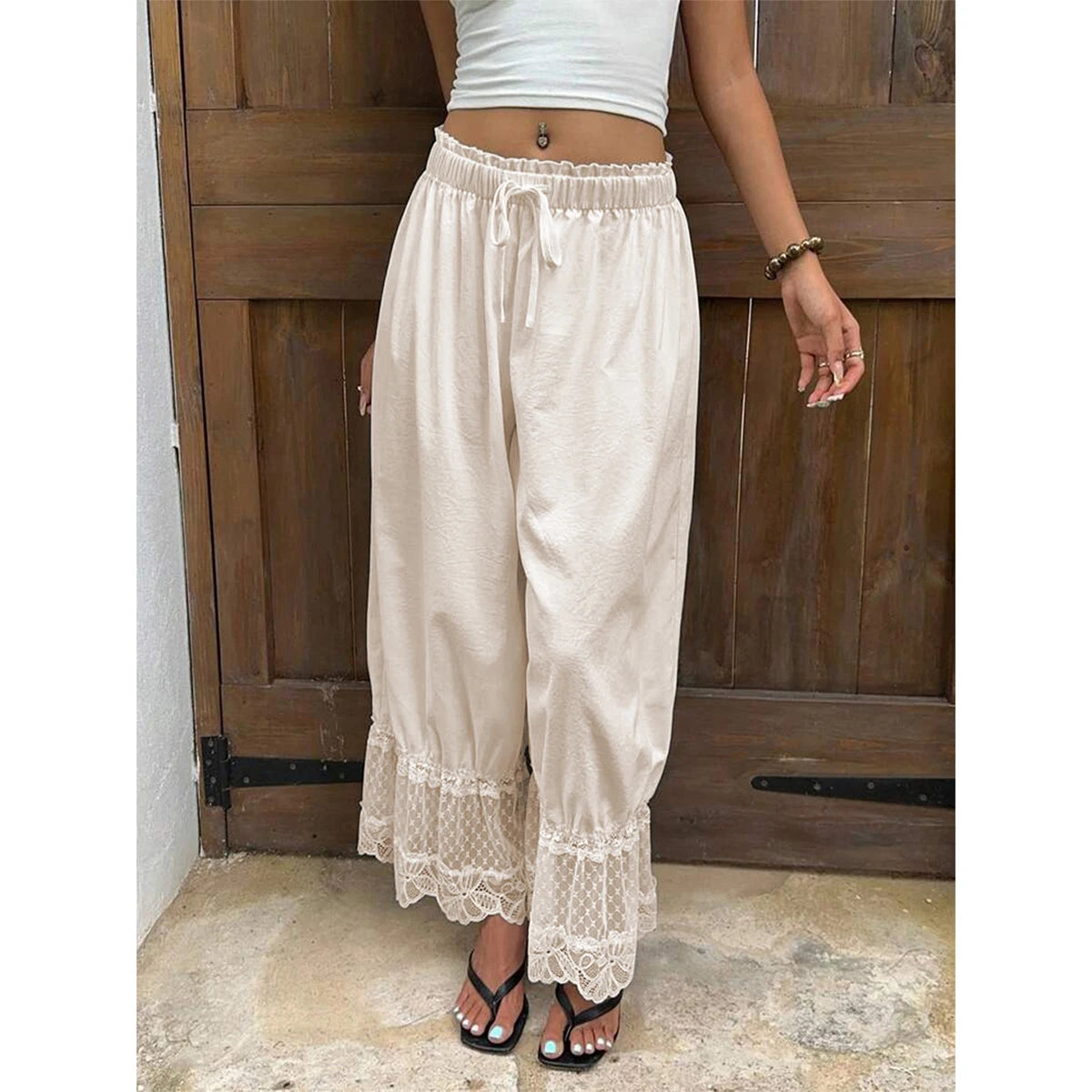 TrenddVibe™ Ethereal Lace-Trim Wide-Leg Pants