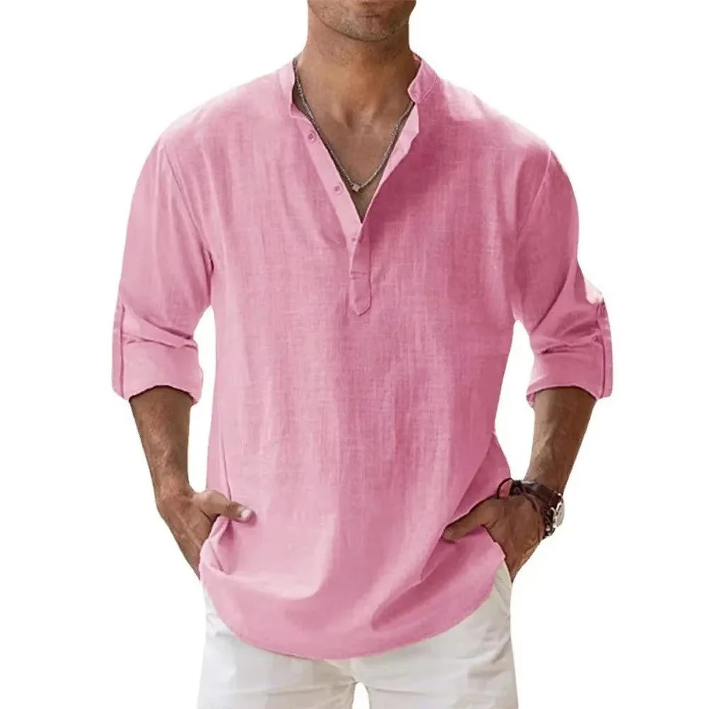 TrenddVibe™ Casual Striped Cotton-Linen Stand-Collar Shirt – Lightweight Long Sleeve