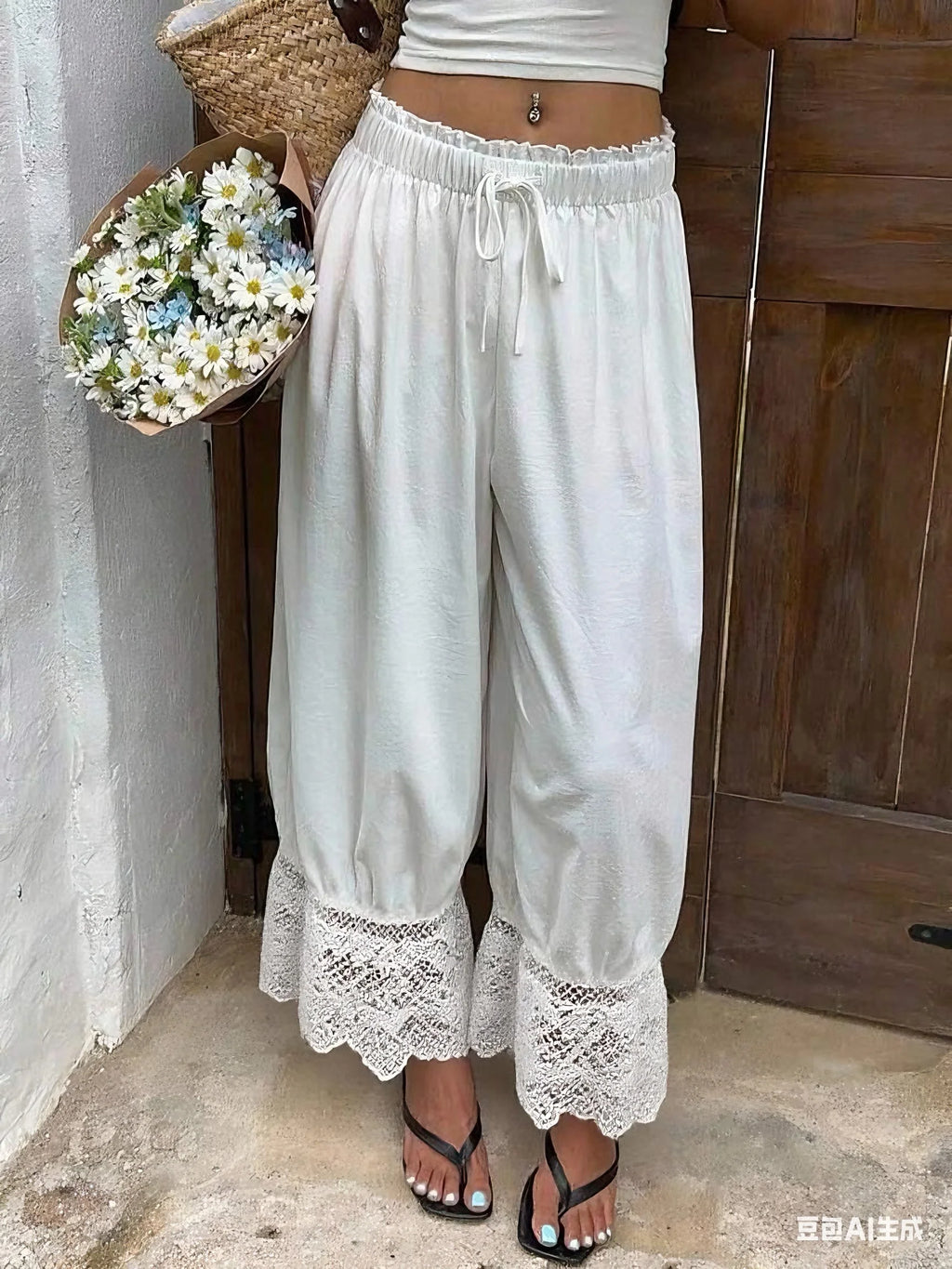 TrenddVibe™ Ethereal Lace-Trim Wide-Leg Pants