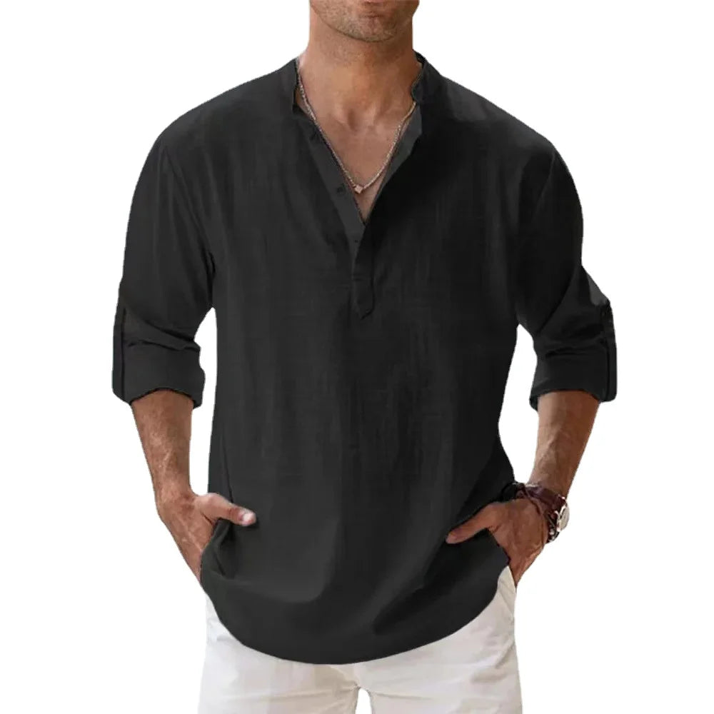 TrenddVibe™ Casual Striped Cotton-Linen Stand-Collar Shirt – Lightweight Long Sleeve