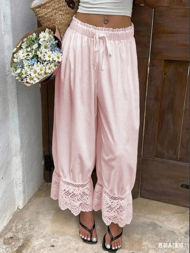 TrenddVibe™ Ethereal Lace-Trim Wide-Leg Pants