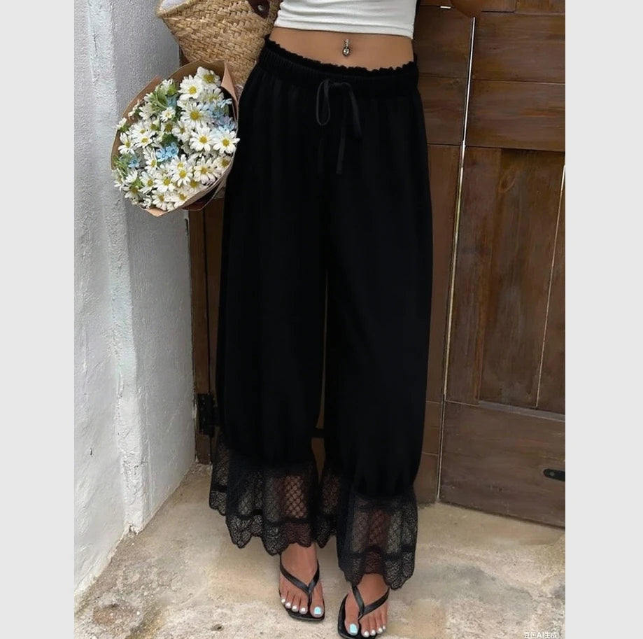TrenddVibe™ Ethereal Lace-Trim Wide-Leg Pants