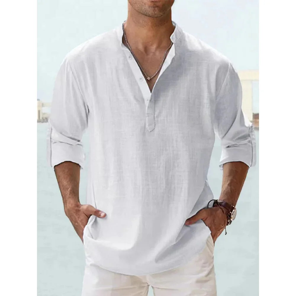 TrenddVibe™ Casual Striped Cotton-Linen Stand-Collar Shirt – Lightweight Long Sleeve