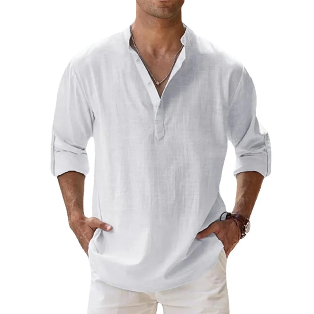 TrenddVibe™ Casual Striped Cotton-Linen Stand-Collar Shirt – Lightweight Long Sleeve